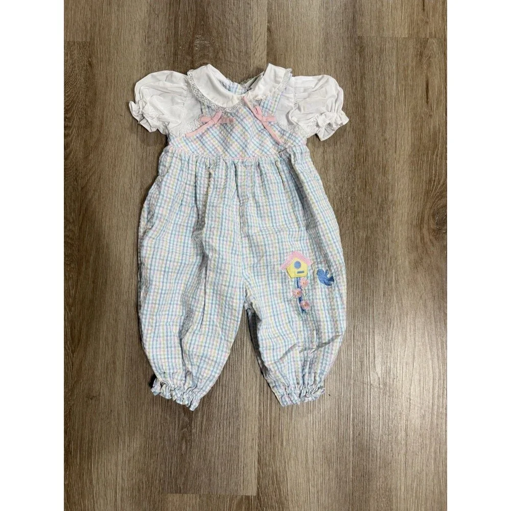Vintage B.T Kids One Piece Jumpsuit Pastel Plaid Bird/Birdhouse Girls 6-9 Months